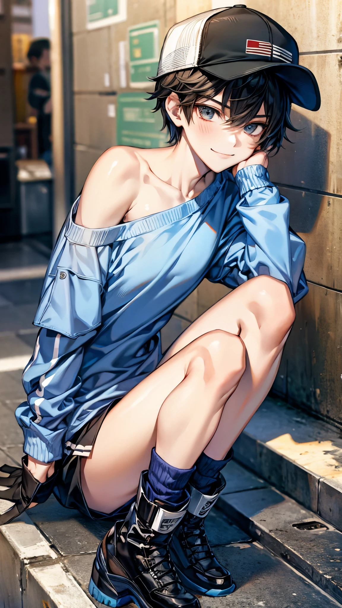 Solo, Highest quality, Masterpiece, Dynamic, Highly detailed CG, Highly detailed 8K wallpaper, Bird&#39;s eye view, Highly detailed character, Standing still, Looking at viewer, Front facing (very detailed and beautiful portrait), Small chest, beautiful line, Japanese high school uniform, collared jacket, embarrassment, front button, black slacks, zipper open, underwear shift, see-through bra, portrait, solo, clear focus, (((soft mohawk)) , dark-skinned tomboy, butler, white teeth with cigar, navel piercing, tattoo under eye, short hair, yellow eyes, detailed close-up portrait, background is park, detailed trees, blue sky