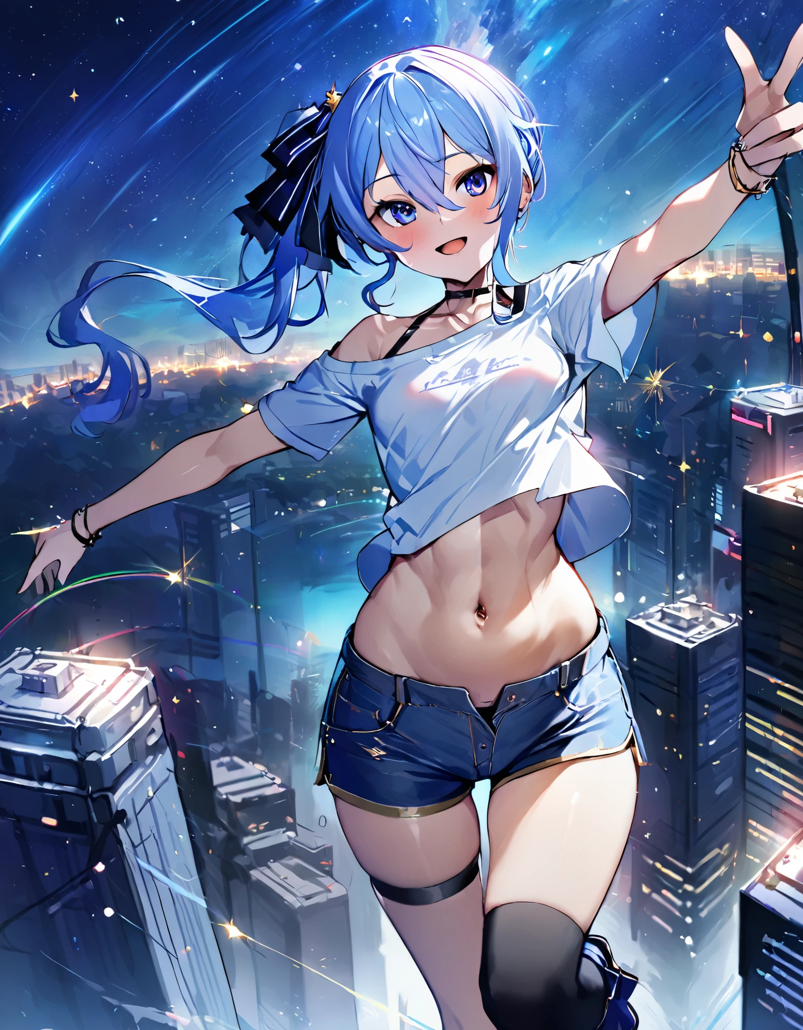 (8k、Best image quality、highest quality、masterpiece)、Detailed face、 1teen_girl、Blue Hair、Long Hair、sideponytail、dark_blue_eyes、smile,(navel_peek)、(small_breasts:0.8),(White_short_T-shirt:1.3)、Off the shoulder、Black shoulder straps、(open_front_shorts,denim_short_shorts:1.2)、City Background, starry_sky_landscape ,hoshimachi suisei,(covered_nipples:0.3), (belly_button:1.2),nihil,solo,stargaze,girl_looking_up_sky,slender,solo,boots,abs, tight_waist, point_to_sky