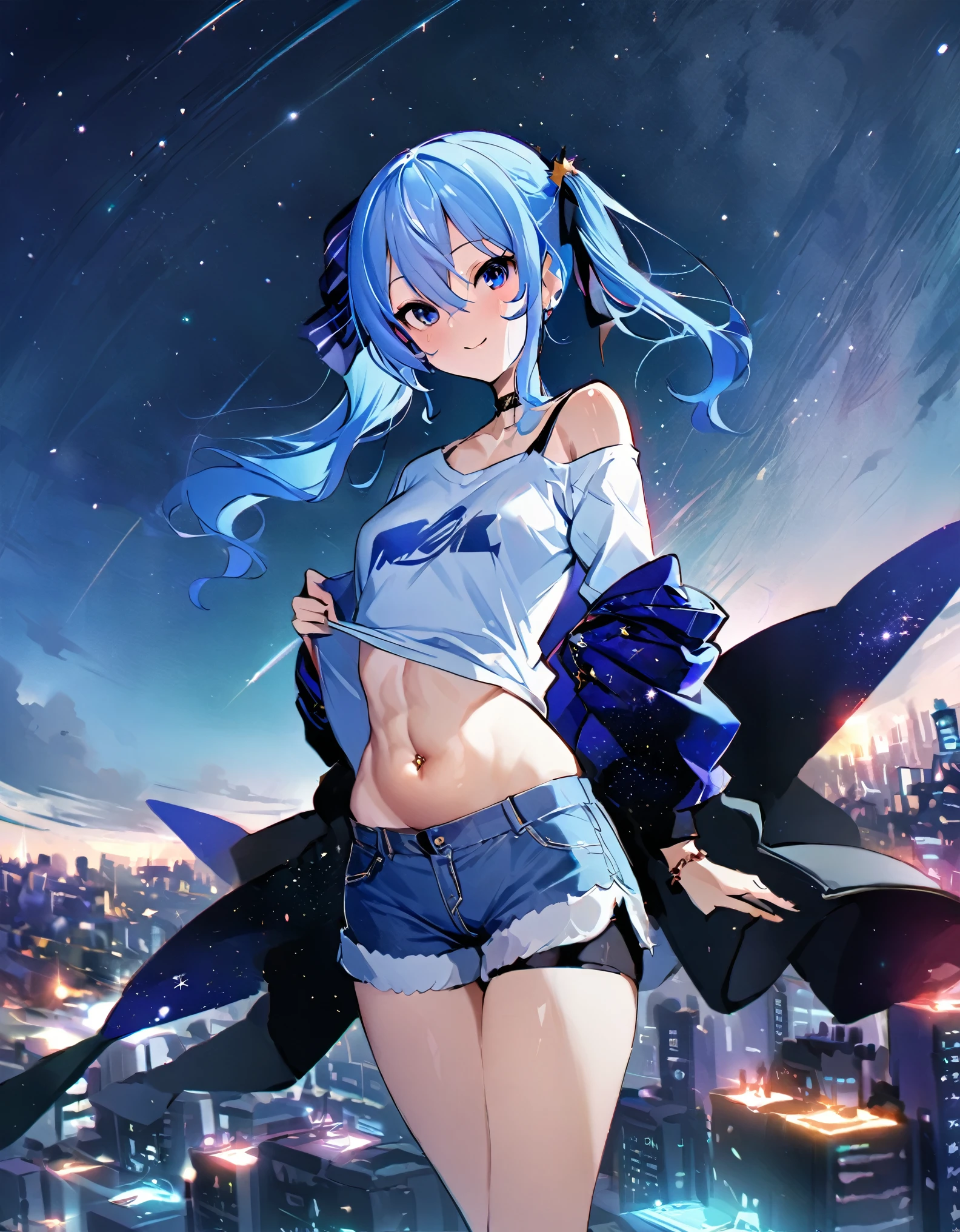 A woman with blue hair and a white shirt standing on a rooftop - SeaArt AI