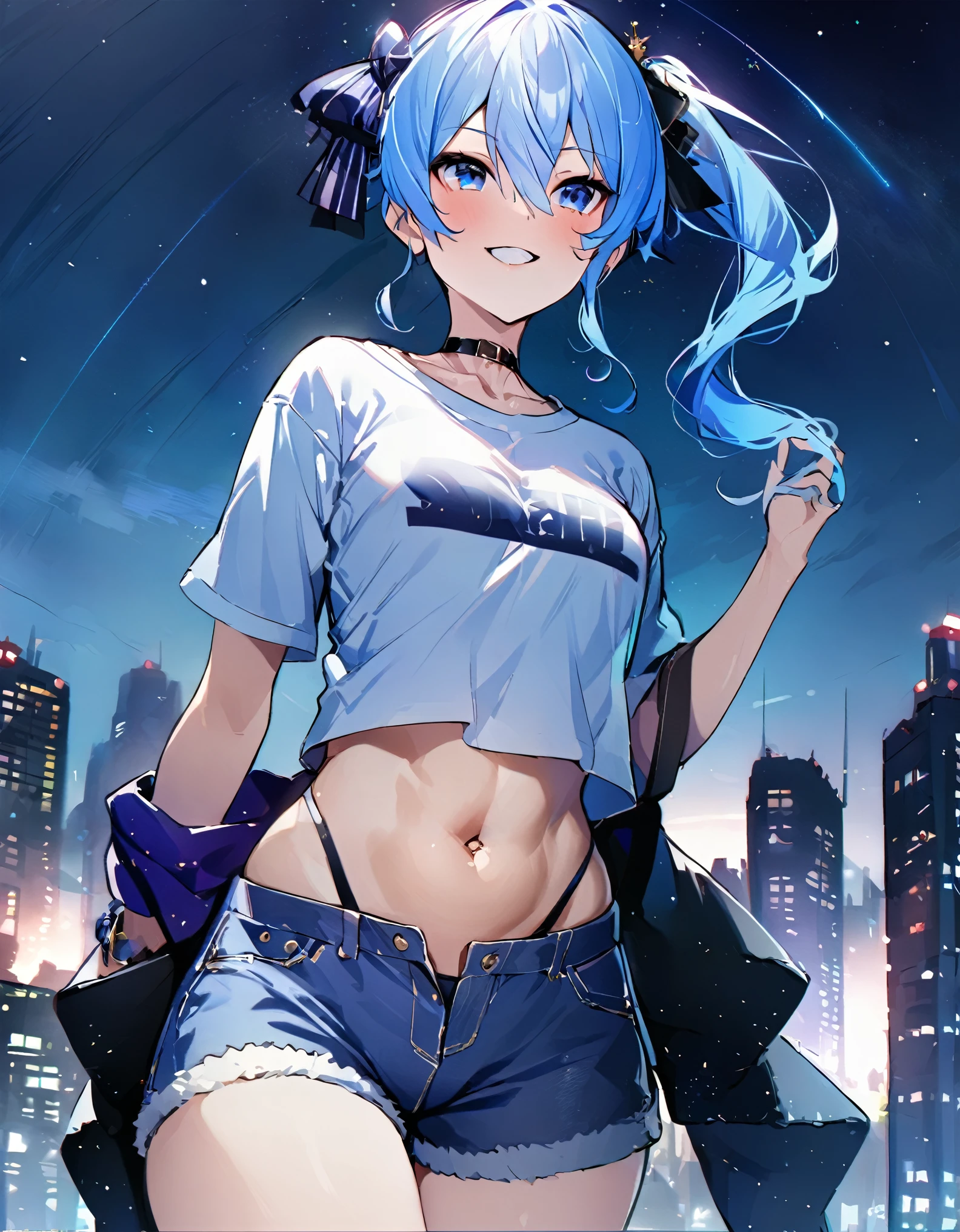 (8k、Best image quality、highest quality、masterpiece)、Detailed face、 1teen_girl、Blue Hair、Long Hair、sideponytail、dark_blue_eyes、smile,(navel_peek)、(small_breasts:0.8),(White_short_T-shirt:1.3)、Off the shoulder、Black shoulder straps、(open_front_shorts,denim_short_shorts:1.2)、City Background, starry_sky_landscape ,hoshimachi suisei,(covered_nipples:0.3), (belly_button:1.2),nihil,solo,stargaze,girl_looking_up_sky,slender,solo,boots,abs, tight_waist, point_to_sky