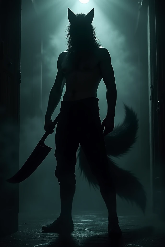 A shirtless, bushy man wearing only pants and his face completely black with a large, scary black dog with glowing eyes at his side, in a dark room in a house