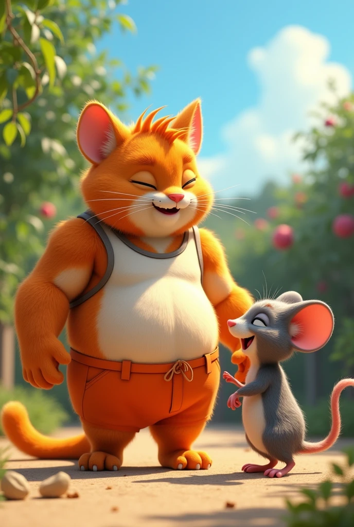 A large muscular orange mouse, very tall and with a muscular abdomen talking to a strong black cat, He has green eyes, disney pixar style 3d.