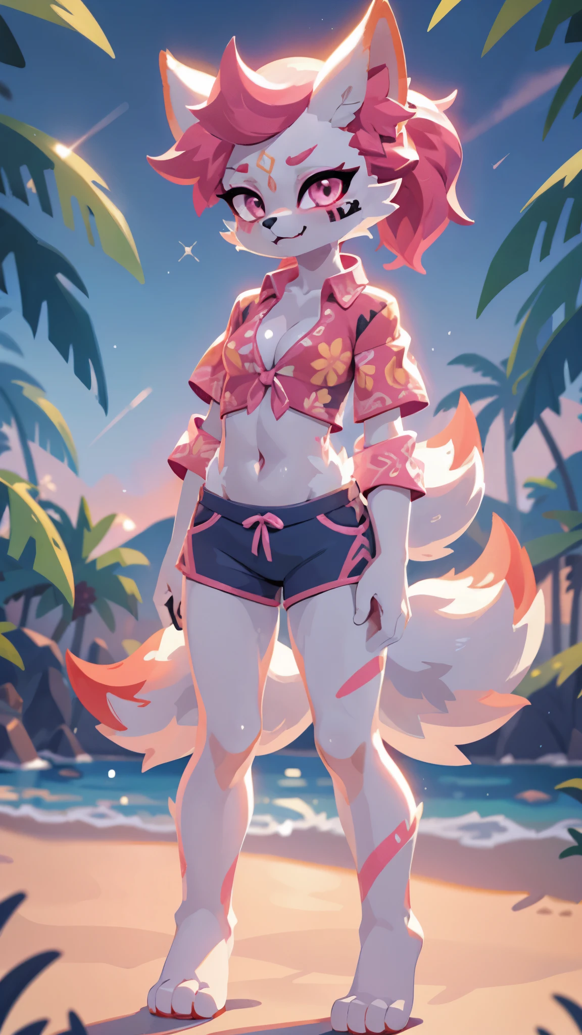 score_9,score_8_up,score_7_up, source_cartoon, source_furry, thick outline, anthropomorphic, countershading, kimiko, furry female anthro, fox girl, white body fur, Pink hair, ((pink hawaiian shirt, short sleeves, collared shirt, tied shirt, midriff, cleavage, blue shorts)), small breasts, detailed body fur, detailed body, detailed face, detailed eyes, glistering body, shiny body, skinny, :3, multiple tails, multi tail, solo, body fur, (best quality), cinematic lighting, looking at viewer, anime style, short ponytail, scar on face, 2D, fang, beach, clear sky, standing, full body, feets with three toes, 