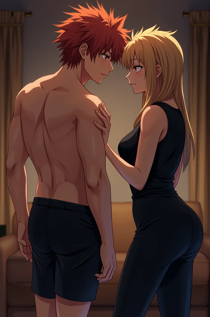 score_9, score_8_up, source_anime, standing, hellsing, seras, blonde hair, nude, indoors, night, night sky, nighttime, vampire, smirk, fangs, ikuchan, balcony, town background, clothed, male wearing shorts, muscular male, medium breasts, boyfriend, couple, sfw, looking at viewer, faceless male, dark skinned male, cuckold pov, ntr, netorare, standing side by side, standing, cuckolding, cuck, 1girl, 1boy, duo, ((duo focus)), black haired male, interracial, BLACKED, bbc, raceplay, smug, humiliation, ((faceless male)), ((size difference)), tall male, ((duo)), embrace, embracing, ((dark skinned male))), sling bikini, bulge,  rating:safe, navel, short dress, red sling bikini, side view