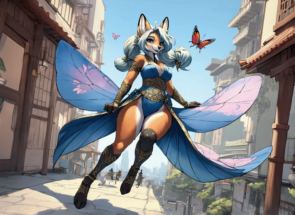 Sexy, warrior, anthropomorphic fox, wild hairstyle, female, flying a giant butterfly, full body, fantasy Japanese city