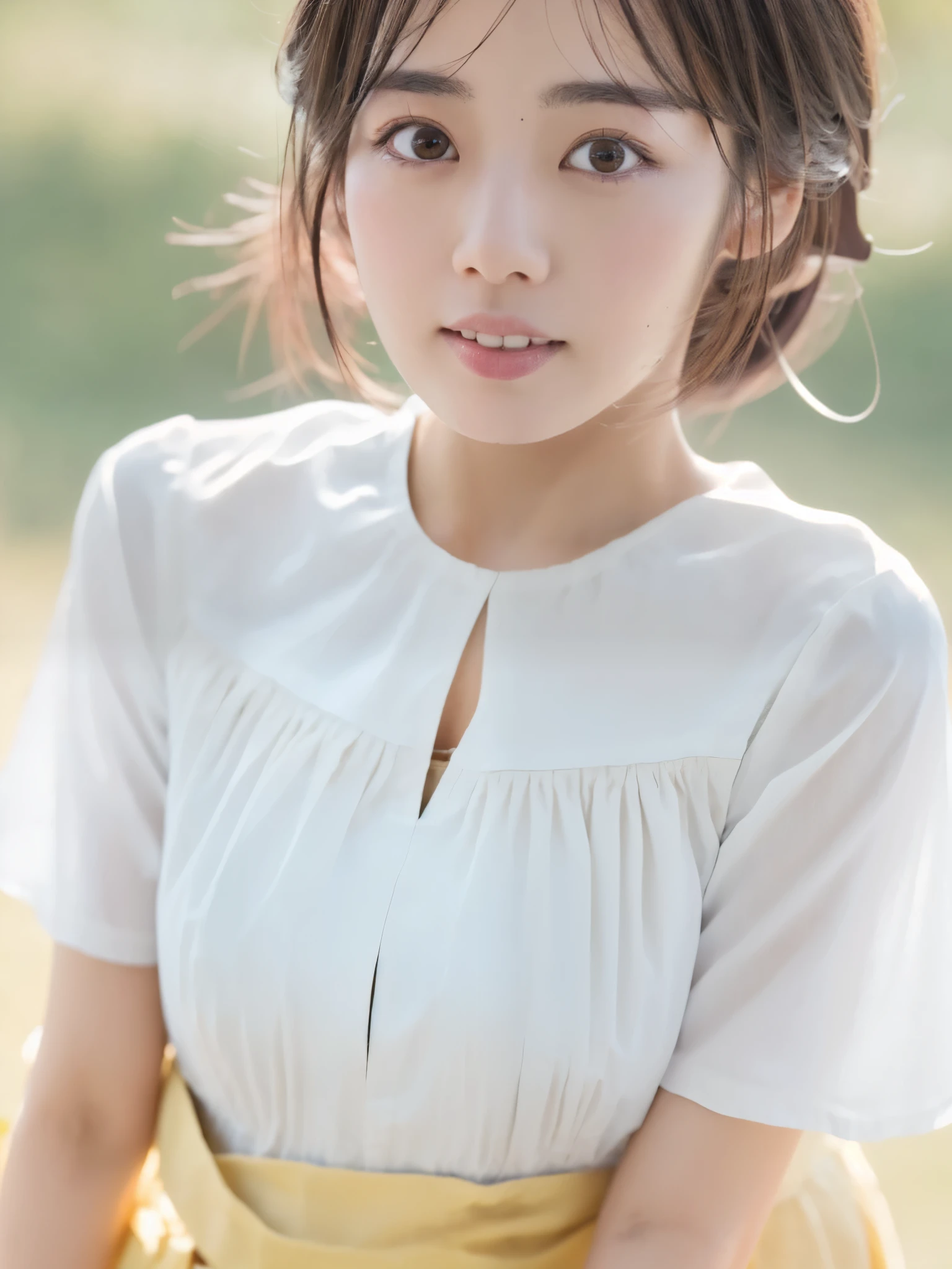 Masterpiece, high quality, high resolution, 8K, ((Skinny Japanese woman in a costume which consists of a short-sleeved white shirt and a light-brown long skirt)), beautiful face, natural makeup, detailed face, detailed eyes, a photo that feels endearing