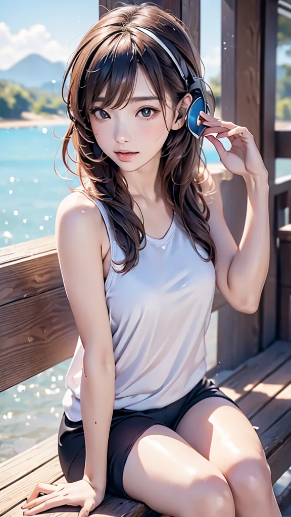 girl、beautiful, sitting and listening to music、Wearing headphones、sexy , nature outdoor, lakeview, tanktop