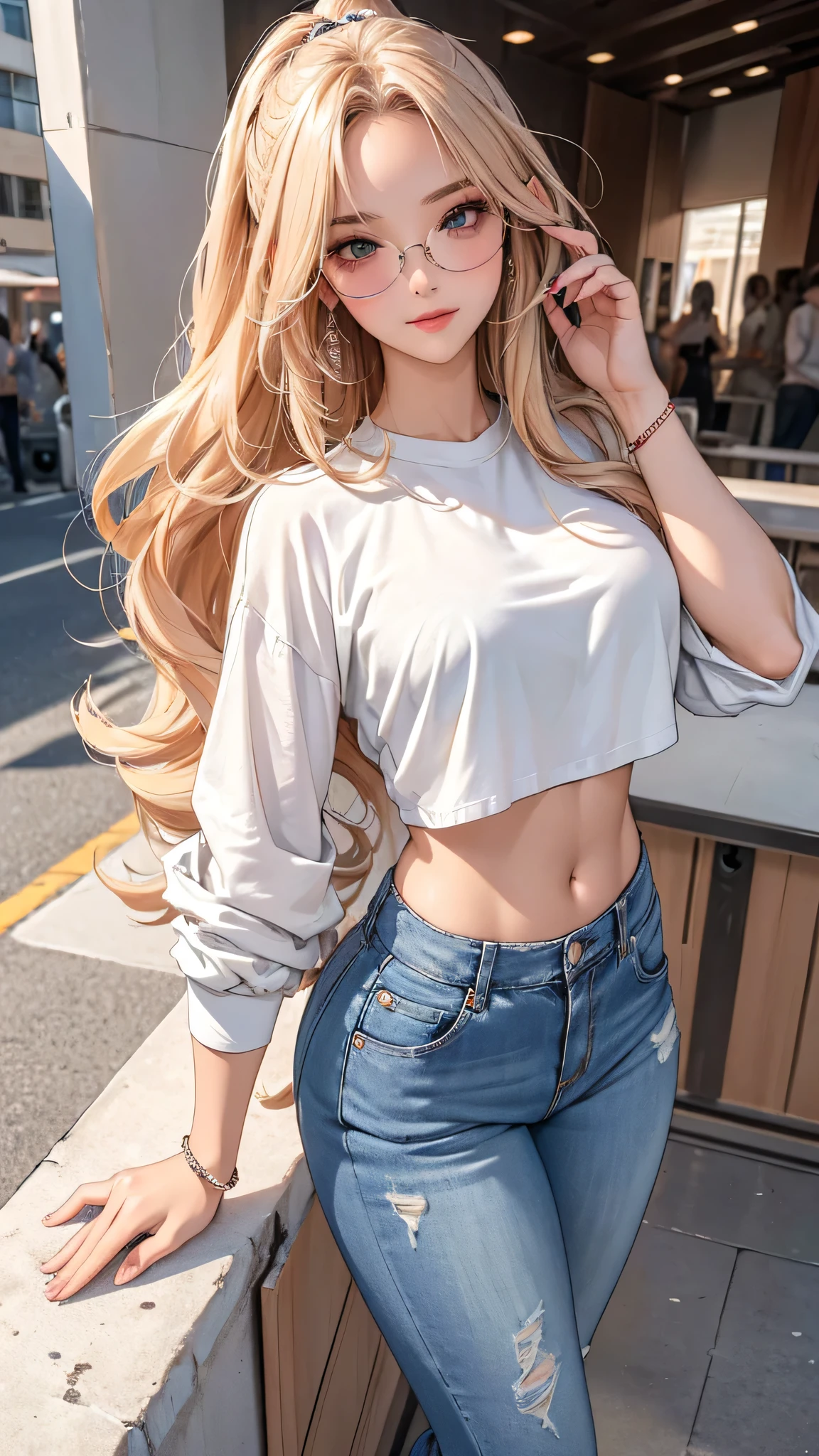 (masterpiece:1.3), ((Best quality at best)), (disorganized:1.3), (highest quality:1.3),(perfect anatomy:1.5),Super detailed:1.3),(best shadow:0.7),(Ultra high resolution), extremely detailed texture, sharp focus, realistic lighting, cinematic quality, photorealistic details, smooth shading, fine grain, high dynamic range, 8K quality, exquisite clarity, (Real photos, Crafted with meticulous precision), ultra realistic 8k cg, A buxom female college student (with an eye-catching figure), standing in a unique pose. She is dressed in a trendy crop top (showing off her midriff) paired with high-waisted ripped jeans. Her feet are in stylish ankle boots. Her long hair is styled in a half-updo (with some loose curls framing her face). She is wearing oversized sunglasses and has multiple bracelets on her wrist. The background is a modern college campus (with a library and students passing by). random sexy pose,,1girl,(ultra detailed skin),curvy,,beautiful breasts,large breasts,pale skin,pointy breasts,erect nipples,(fantasy art,Highest image quality,Hyperrealist portrait,(8k),ultra-realistic,best quality, high quality, high definition, high quality texture,high detail,beautiful detailed,fine detailed,extremely detailed cg,detailed texture,a realistic representation of the face,masterpiece,Sense of presence,Dynamic,bold),bob hair,(thin hair),(soft hair),(straight hair:1.5),Swept long bangs,extra light coppery amber hair,hair over one eye