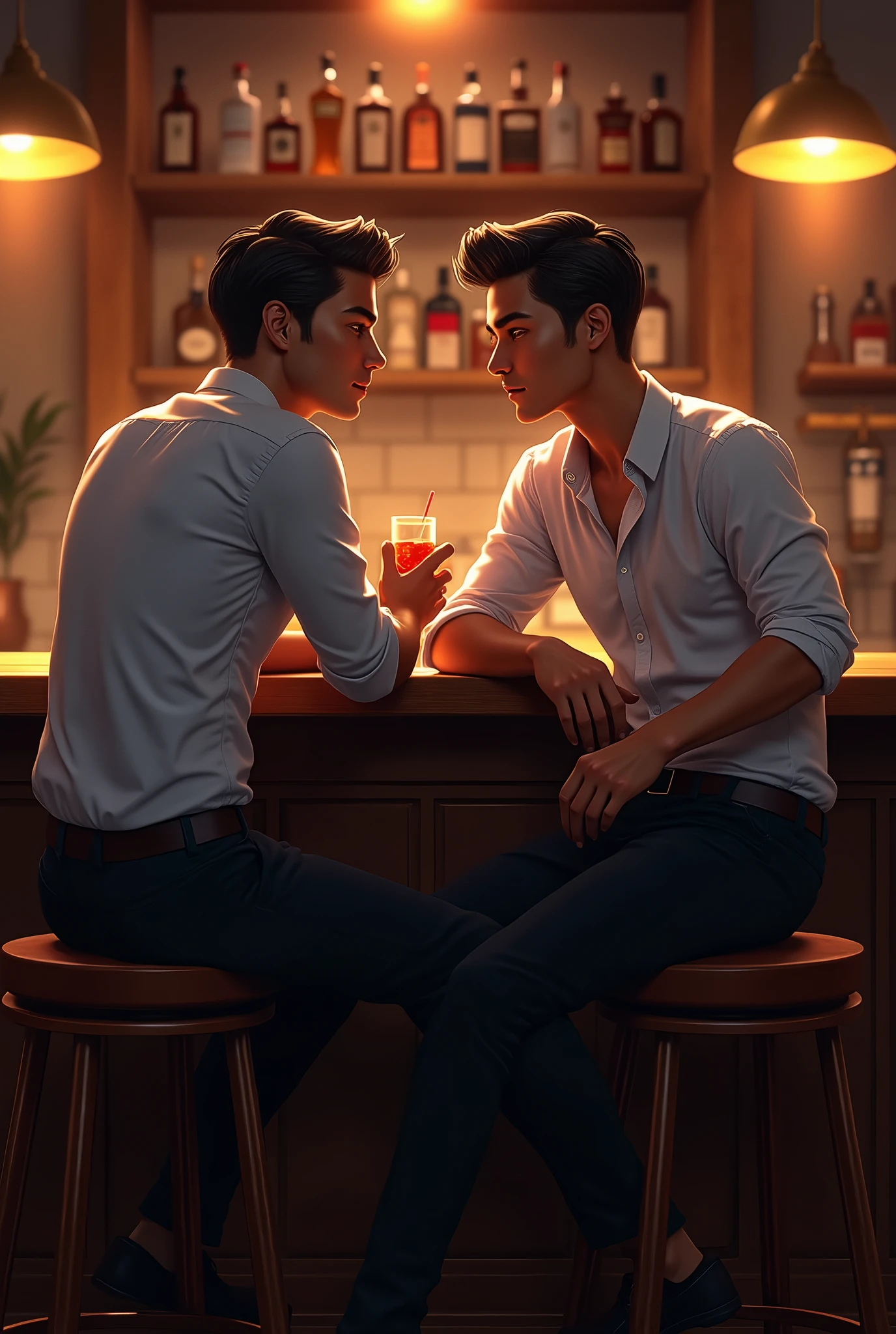 Handsome guy, Beautiful, skinny, white-faced, Beautiful soft skin, shirtless, Short hair combed neatly in jeans with a handsome friend by his side sitting in a bar in a black shirt and black hat the young man sits on his friend&#39;s lap while enjoying a shot of tequila