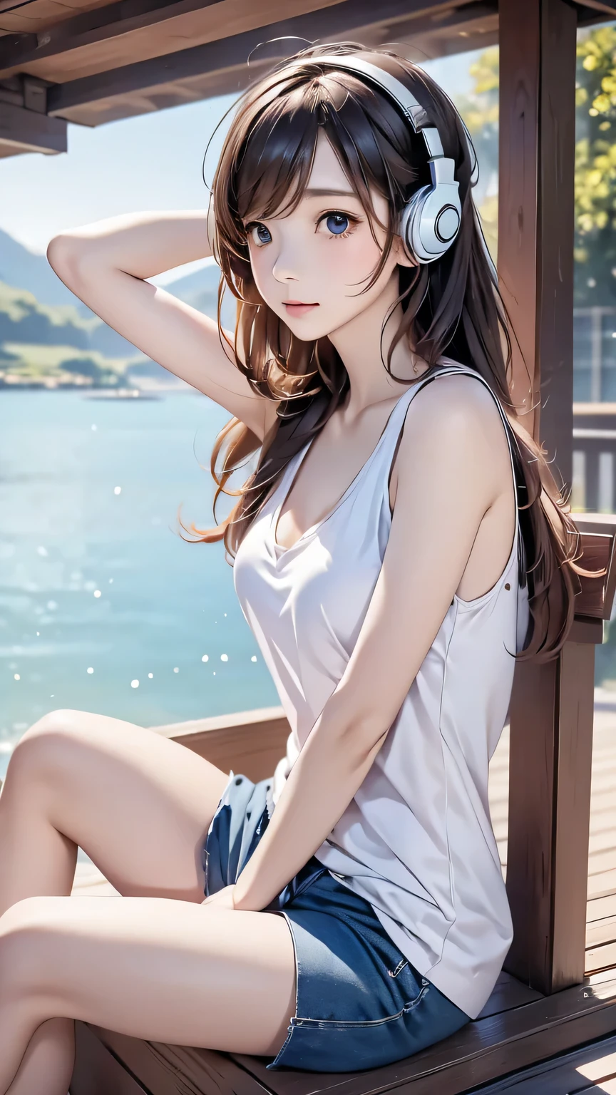girl、beautiful, sitting and listening to music、Wearing headphones、sexy , nature outdoor, lakeview, tanktop