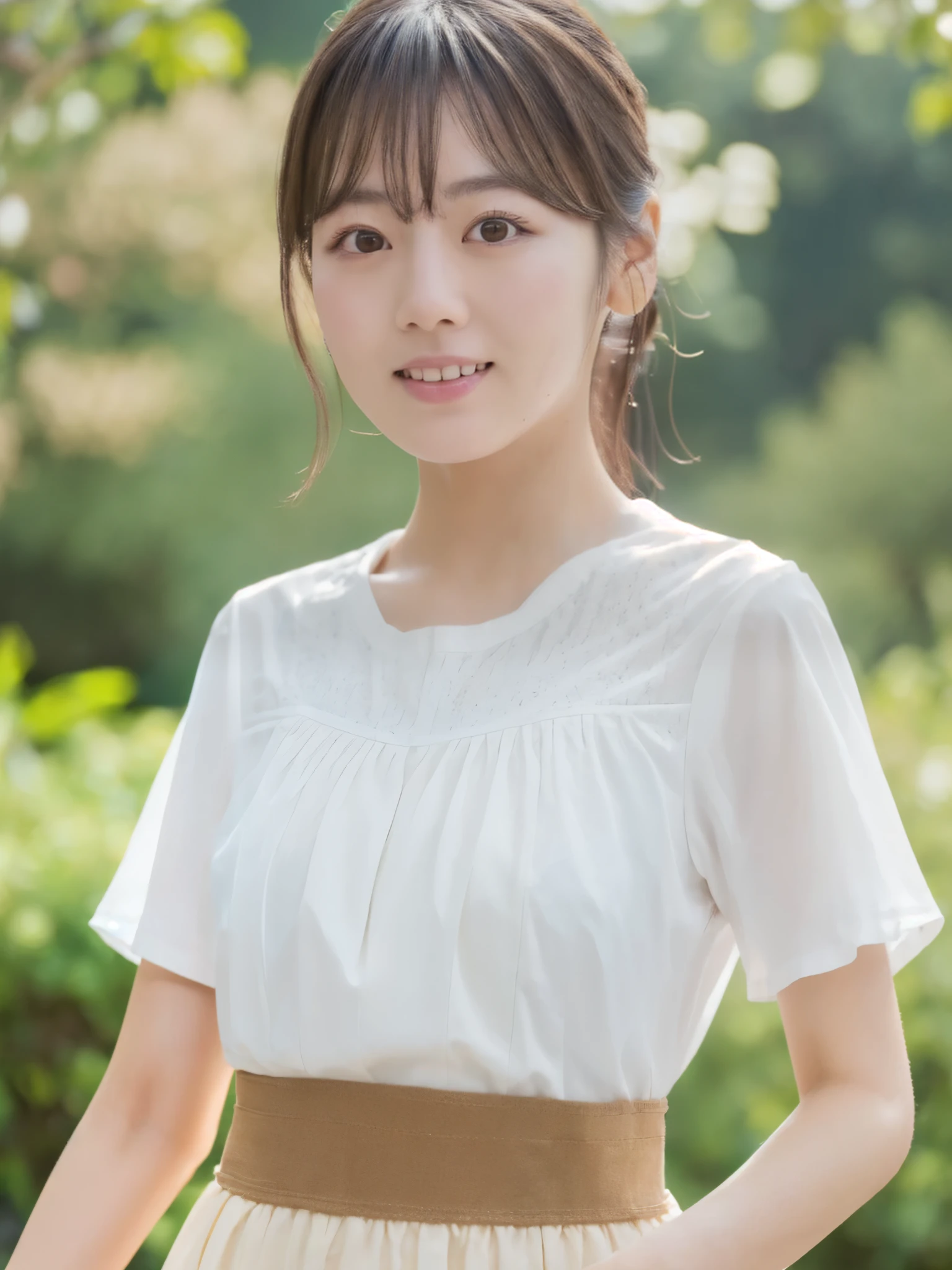 Masterpiece, high quality, high resolution, 8K, ((Skinny Japanese woman in a costume which consists of a short-sleeved white shirt and a light-brown long skirt)), beautiful face, natural makeup, detailed face, detailed eyes, a photo that feels endearing