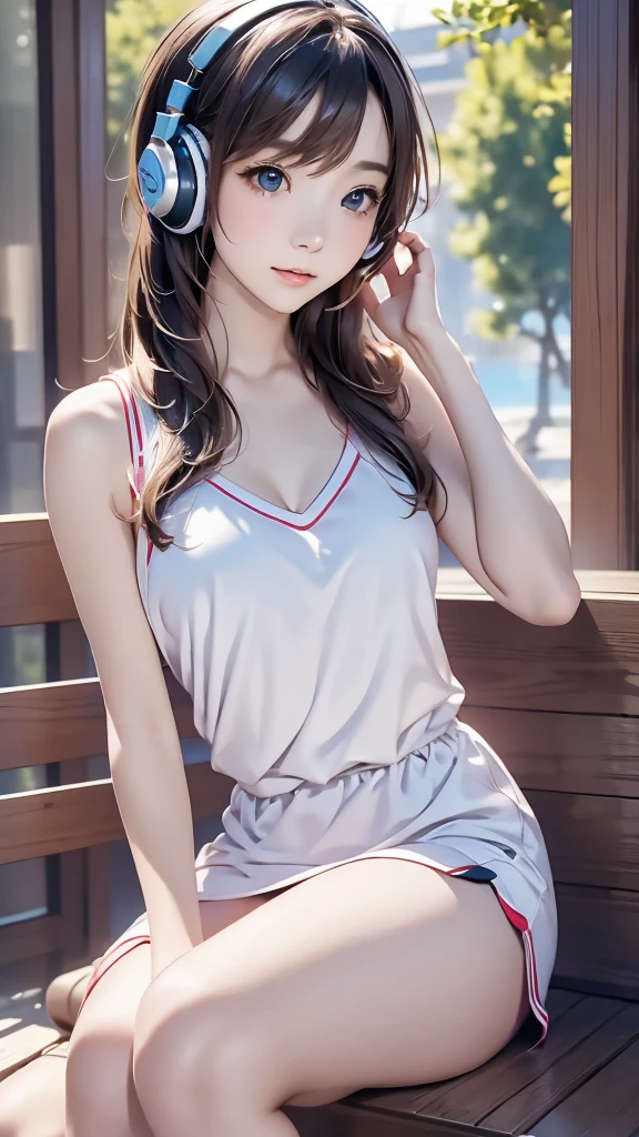 girl、beautiful, sitting and listening to music、Wearing headphones、sexy , nature outdoor, lakeview, tanktop, ultra HD 