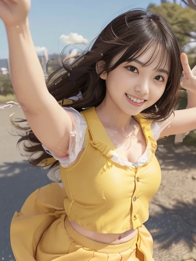 profile、Turned around、Butt,Flat Chest、(Slim body）、((Slim body))、Long Hair,Straight Bangs,Embarrassing,masterpiece,diamond、Earrings,background of fantasy,(((Brown Hair)))、 hair ornaments,Headband,Brown Hair,  ((Yellow Dress, Frillsのドレス)), Ruffled gloves, Frills, gloves, Cleavage, Idol, Idol clothes, jewelry, ribbon, yellow,nude, looking at viewer,Indoor break,break (Tabletop:1.2), Highest quality, High resolution, unity 8k wallpaper, (shape:0.8), (Beautiful details:1.6), Highly detailed face, Open chest、Nipples are visible、Topless、Perfect lighting, Extremely detailed CG, (Perfect hands, Perfect Anatomy),Laughing with your mouth open、Concert Venues、live house、stage、Cowboy Shot、Sing happily、
