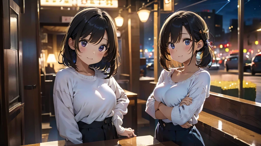 medium shot,1 middle-aged woman,long hair,brown hair,blue eyes,Dressed in a black suit,standing behind the bar,Bar owner,Beautiful lighting.,detailed face,Detailed background