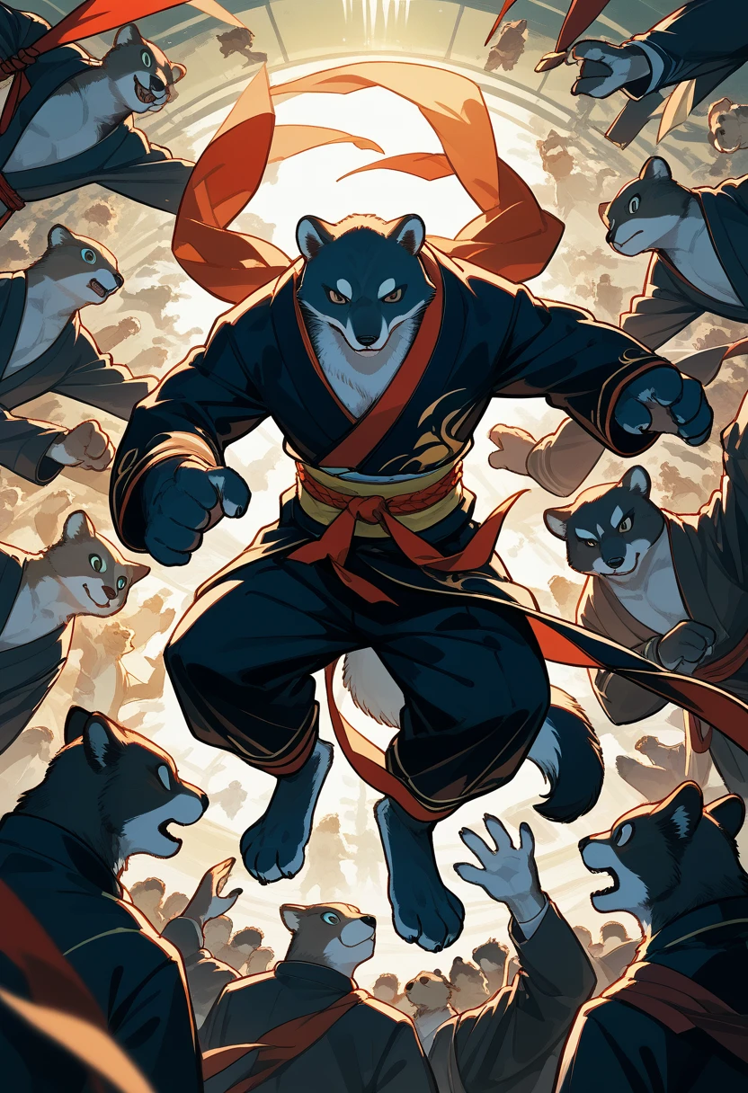A 2d tiger with black, red and white colors, fighting a 2d hydra which is a giant flying dragon with 4 completely green heads. In a war scenario with cold colors.