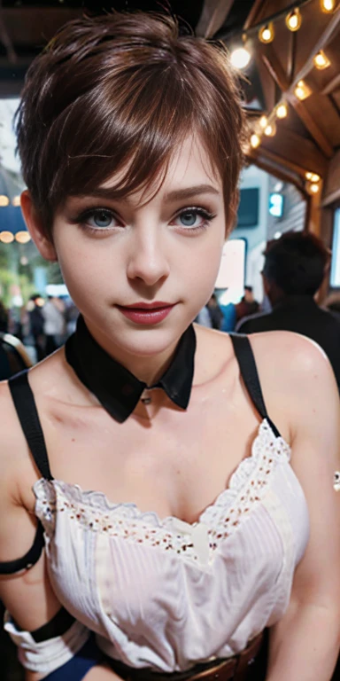 Photo of a  European girl, .RAW, beautiful woman,freckles on cheeks and chest ,beautiful blue eyes(Light brown hair pixie haircut),pixie hair cut ((portrait)), ((detailed face:1.2)), ((Detailed facial features)), (finely detailed skin), Pale skin,park, london ferris wheel、Purple sleeveless t-shirt with skull image  , lilac skirt with checkered images, Loose white belt, Long boots with heels ,cute makeup, Purple eyeshadows on eyelids ,a sexy one(cool color), humid, humid, Reflectors, (Tabletop) (perfect proportions)(Realistic photos)(The best quality) (detailed) photographed with a Canon EOS R5, 50mm lens, f/2.8, NffSW, (8k) (wallpaper) (cinematic lighting) (Dramatic lighting) (Sharp focus) (Convoluted) Nice smile , happy , playing electric guitar , medium breasts , freckles on the face and chest , beautiful teenage model  , fashion 