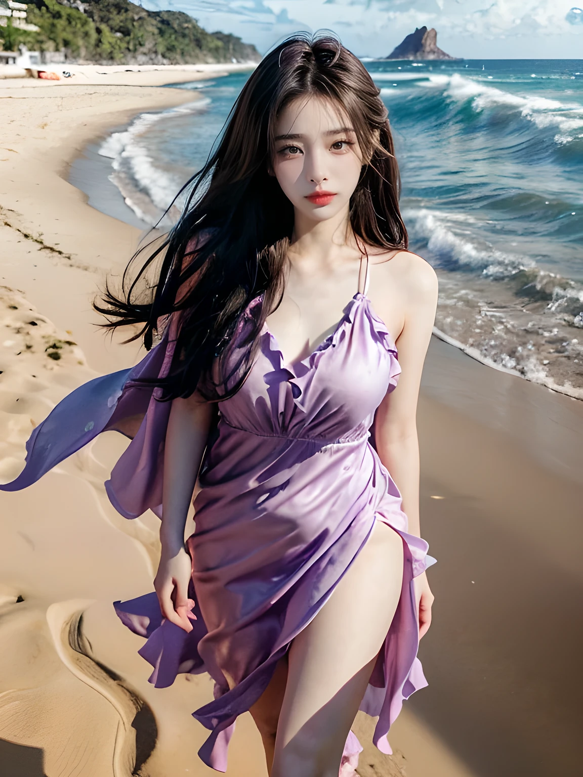 Slender Asian Girl, 8k, masterpiece, RAW Photos, Highest quality, Realistic, extremely detailed CG unity 8k wallpaper, Depth of written boundary, Cinematic Light, Lens Flare, Ray Tracing, (Very Beautiful Face, Beautiful Lips, Beautiful Eyes), Exquisitely detailed face, ((Highly detailed skin)), K-Pop Idols, ((beach walking)), ((Big waves in the ocean)), Wavy legs, Silky satin purple fabric held in hand, ((Royal Green Bloody Mary Dress in Satinsilk)), ((Highest quality, 8k, masterpiece: 1.3)), Sharp focus: 1.2, Beautiful woman with perfect figure: 1.4, ((Beautiful Big smile)), ((smile: 1.2)), The texture of the face and skin is depicted delicately., Detailed eyes, skinny, Beautiful Face, Symmetrical face, full length, Walking in sand and seawater, Sexy pose, ((Super round breasts under the dress)), Stylish pose, 