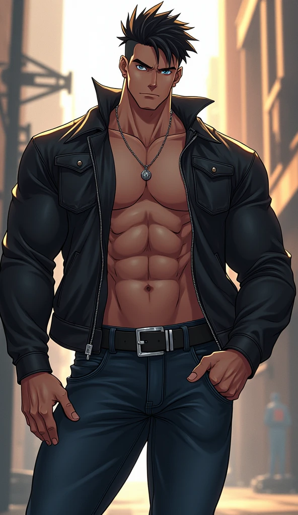 1man,short hair, muscular, beard,baseball cap, shirtless, no shirt, hairy muscular chest, gold chain, necklace, open jeans, lamppost,(masterpiece, best quality, highres, ultra detailed ),tokyo \(city\), night, (driving a motorcycle on the street ) , looking at viewer, front view,