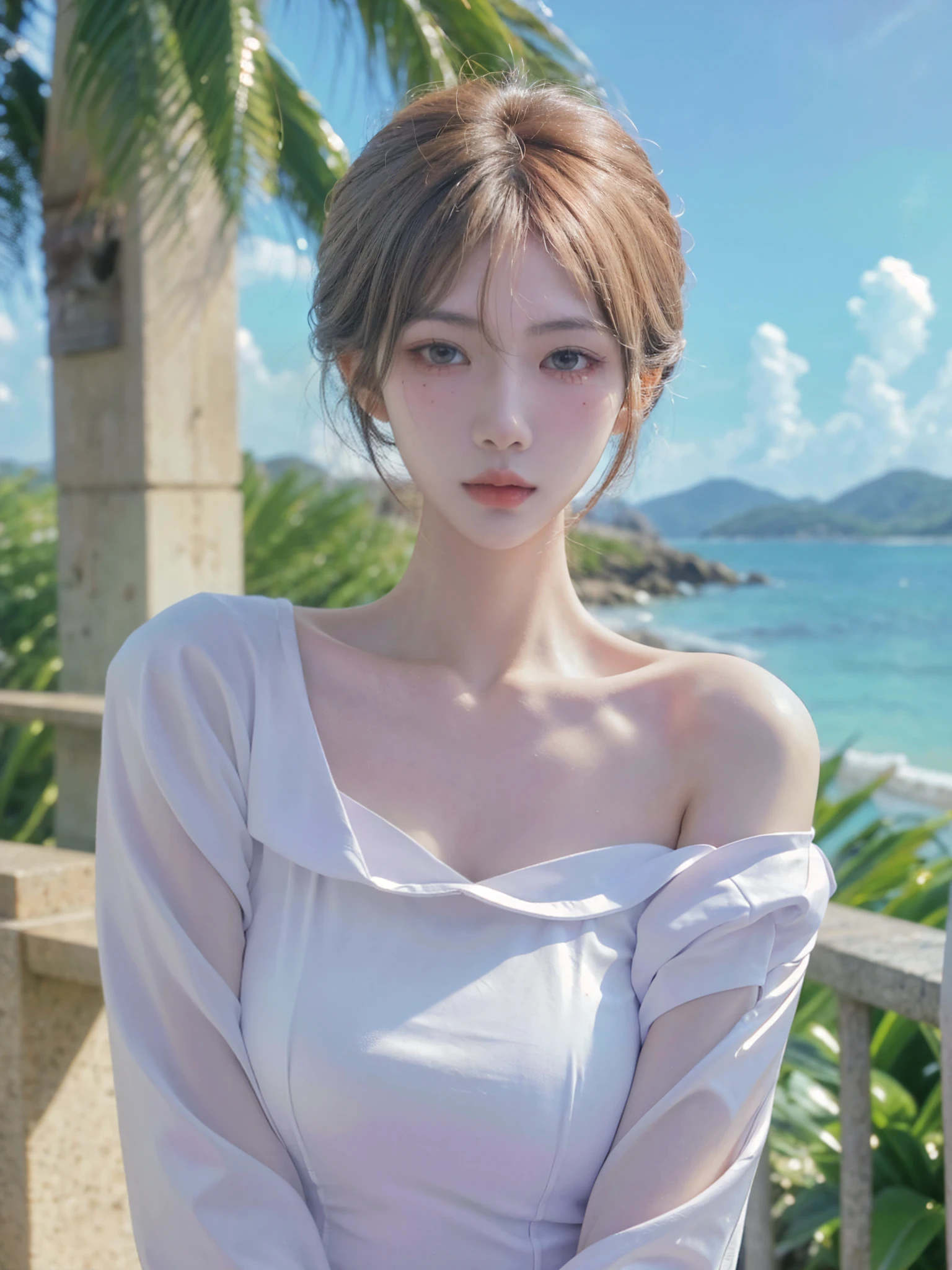 high quality，2k，Beautiful woman，Have a perfect body：1.4，Layered Hairstyle，Prominent cleavage，（（cheongsam：1.5）），whole body，Highly detailed face and skin texture，Eyelid Crease，Skin Whitening，Long white hair