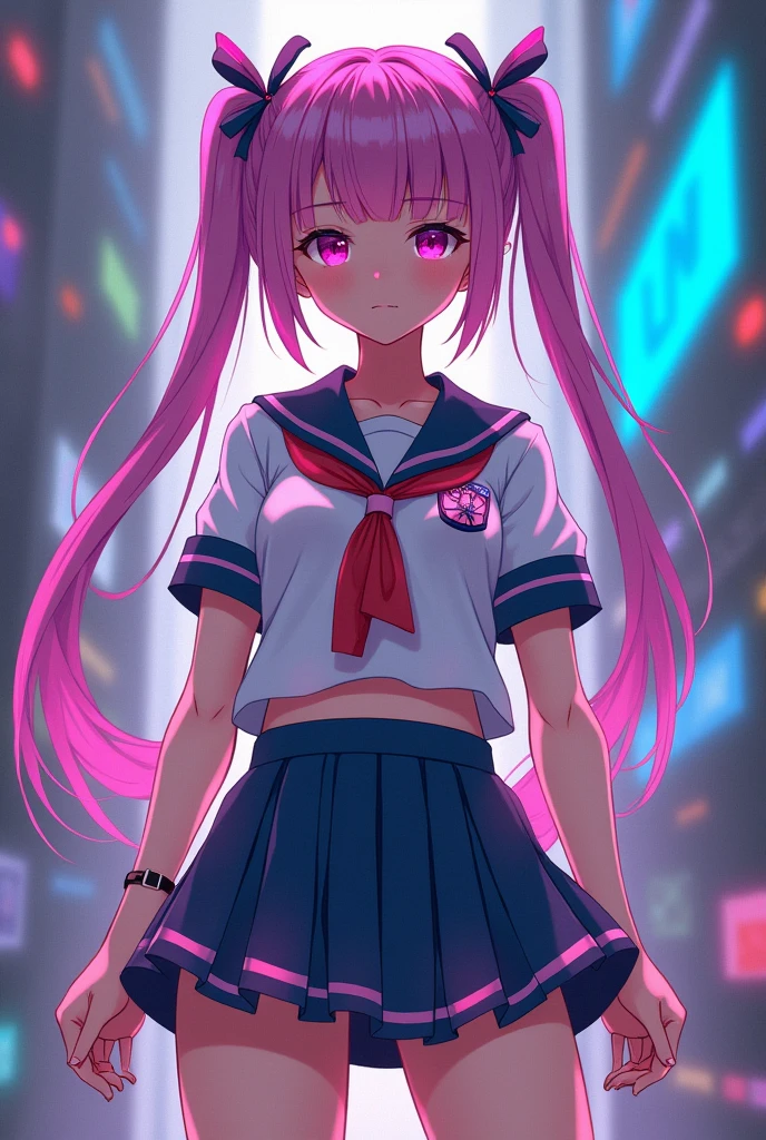 1girl. pink hair.long hair.twintails.{loli}.(short stature).small breast.white t-shirts.skirt. (((masterpiece))).(((best quality))).)((ultra-detailed))).(((illustration))). (((Spread your arms))).(((night view))).(((1girl))).