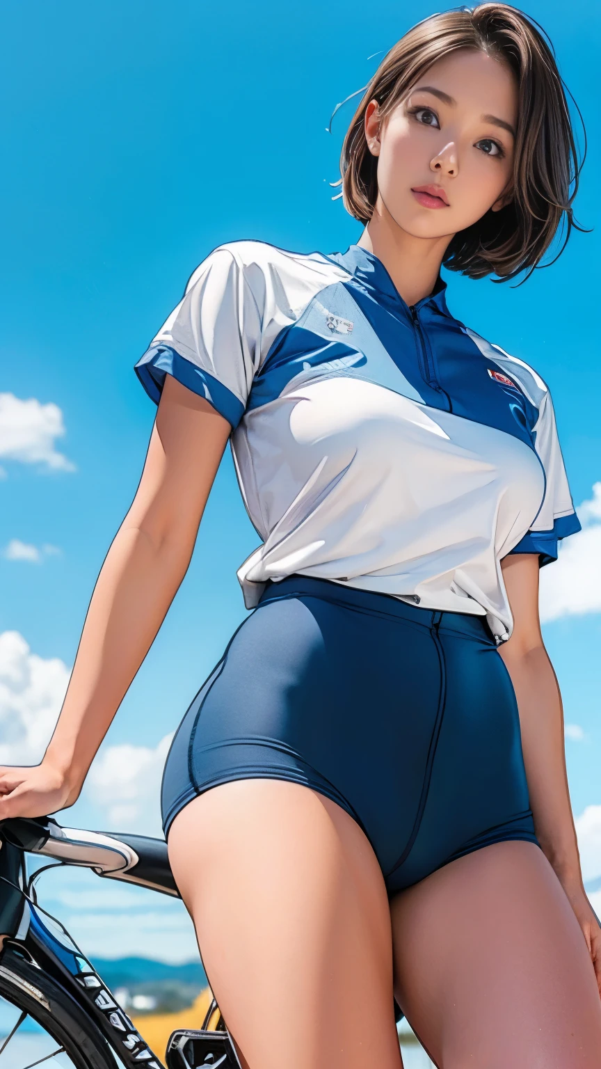  (girl, 14 years old, Same height :1.2) ,masterpiece，Mountain bike，Cycling Enthusiasts，beautiful girl，Professional attire，Blue sky and white clouds，8k,  日本のgirl , Very short hair , Camel Toe, (High color saturation:1.0),  (skin is very delicate), (Highest quality:1.0), (Ultra-high resolution:1.0) ,(Actual:1.0), (Very detailed:1.0), (8k, RAW Photos:1.1), (NSFW:1.2)