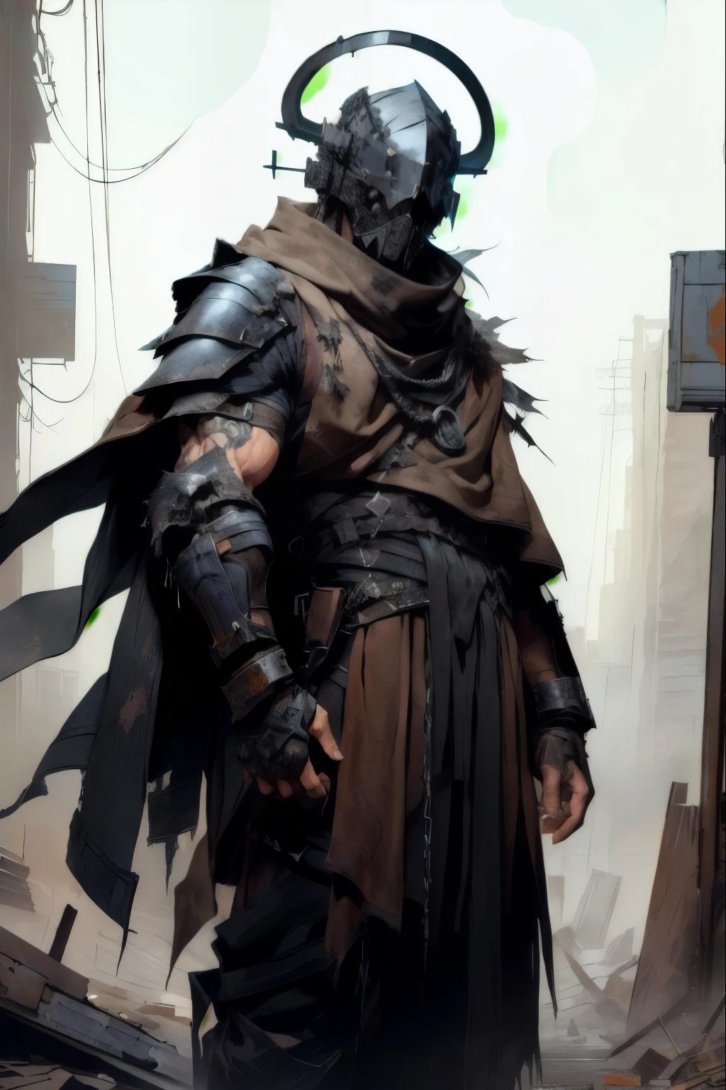 a masculine person in a dim apocalyptic city, standing to the left, wearing tattered gray robes, has a black mask with a chain veil attached to it that completely conceals face, wears a cowl, scrap metal halo, has torn and tattered robes underneath scrappy leather armor, tattered shoulder cape similar to a simar, arms flexed at his sides, leather wrap bracers around forearms. flat shading, drawing outlines, apocalyptic