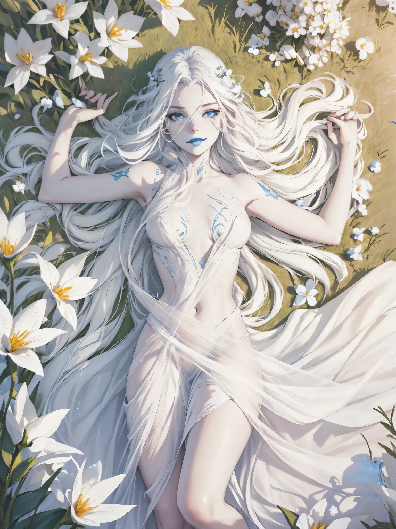 star wars, jarael, pale white skin, long white hair, ((blue lips)), nude, laying in a field of white flowers, lidded eyes, smiling, full body, covered by flowers, cheek tattoos