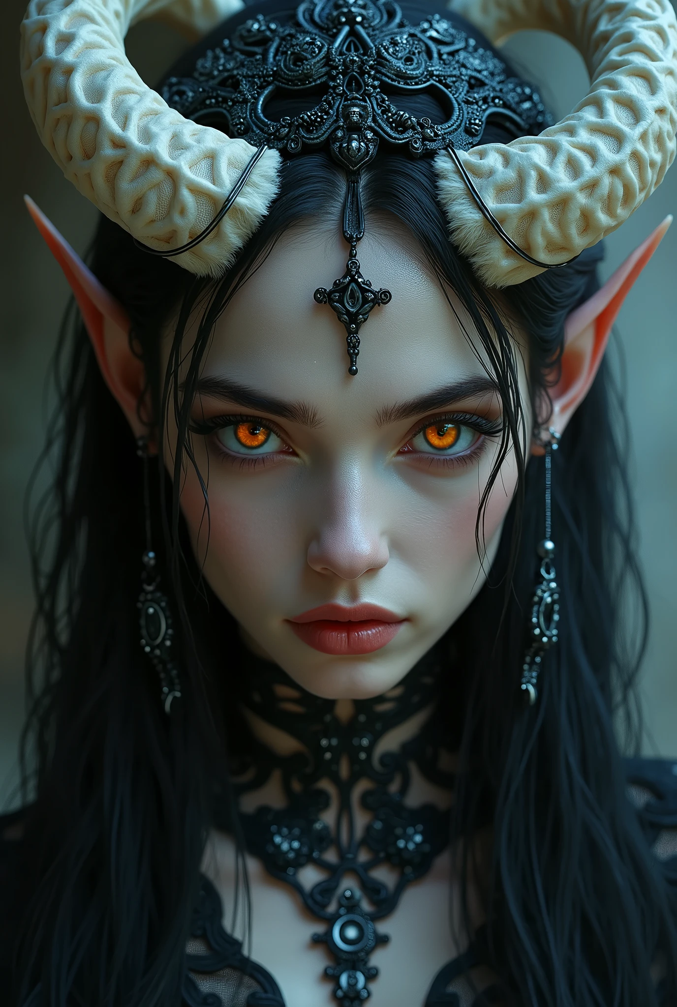 a normal woman with grey skin, orange eyes, pointed ears, a scar on her face, missing one eye, highly detailed face, intricate texture, octane render, cinematic lighting, fantasy, dark and moody atmosphere, dramatic pose, dynamic composition, rich colors, dramatic lighting, crown of dragon horns, no hair but many horns, detailed face, highly detailed, cinematic lighting, fantasy art, digital painting, masterpiece, 8k, hyper realistic