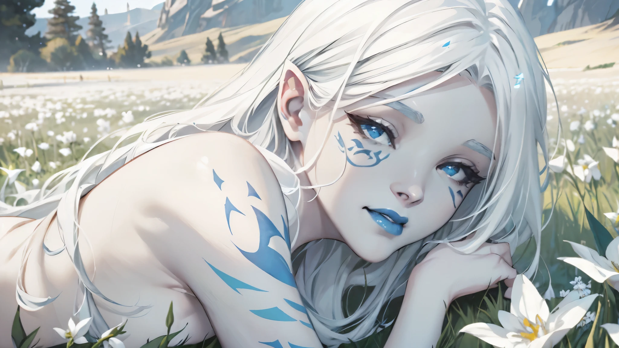 star wars, jarael, pale white skin, long white hair, ((blue lips)), nude, laying in a field of white flowers, lidded eyes, smiling, cheek tattoos