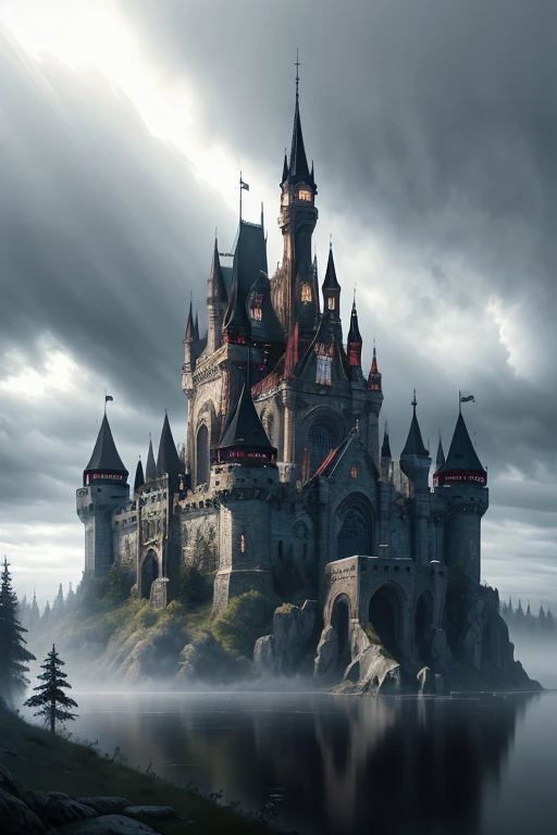 Dream art Absurd High resolution Masterpiece Best quality Fortress，Castle in the middle of the lake，Foggy forest，Horror，dim，In the fog，pale，Gothic architecture，Light cloudiness