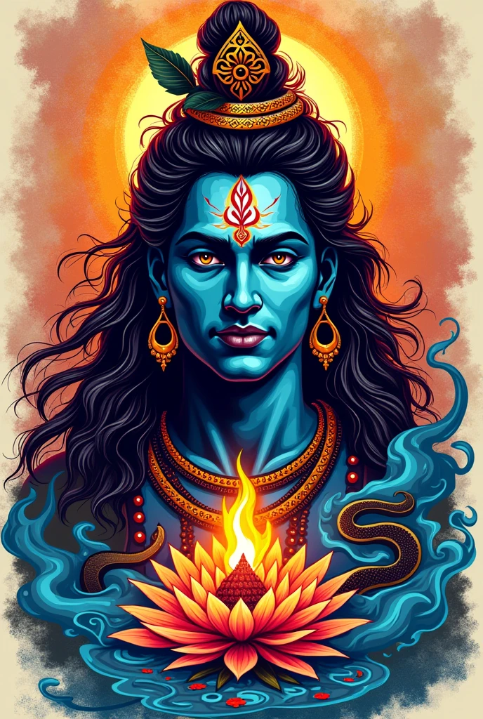 "Create a vibrant and dynamic t-shirt design featuring the powerful mantra 'Har Har Mahadev.' Incorporate bold, energetic colors that evoke a sense of strength and devotion. The design should blend traditional elements like tridents, serpents, and the sacred Ganga, with modern artistic flair. The mantra should be the focal point, with intricate patterns and textures surrounding it, creating a visually stunning tribute to Lord Shiva that resonates with both spiritual and contemporary aesthetics." With har har mahadev typography