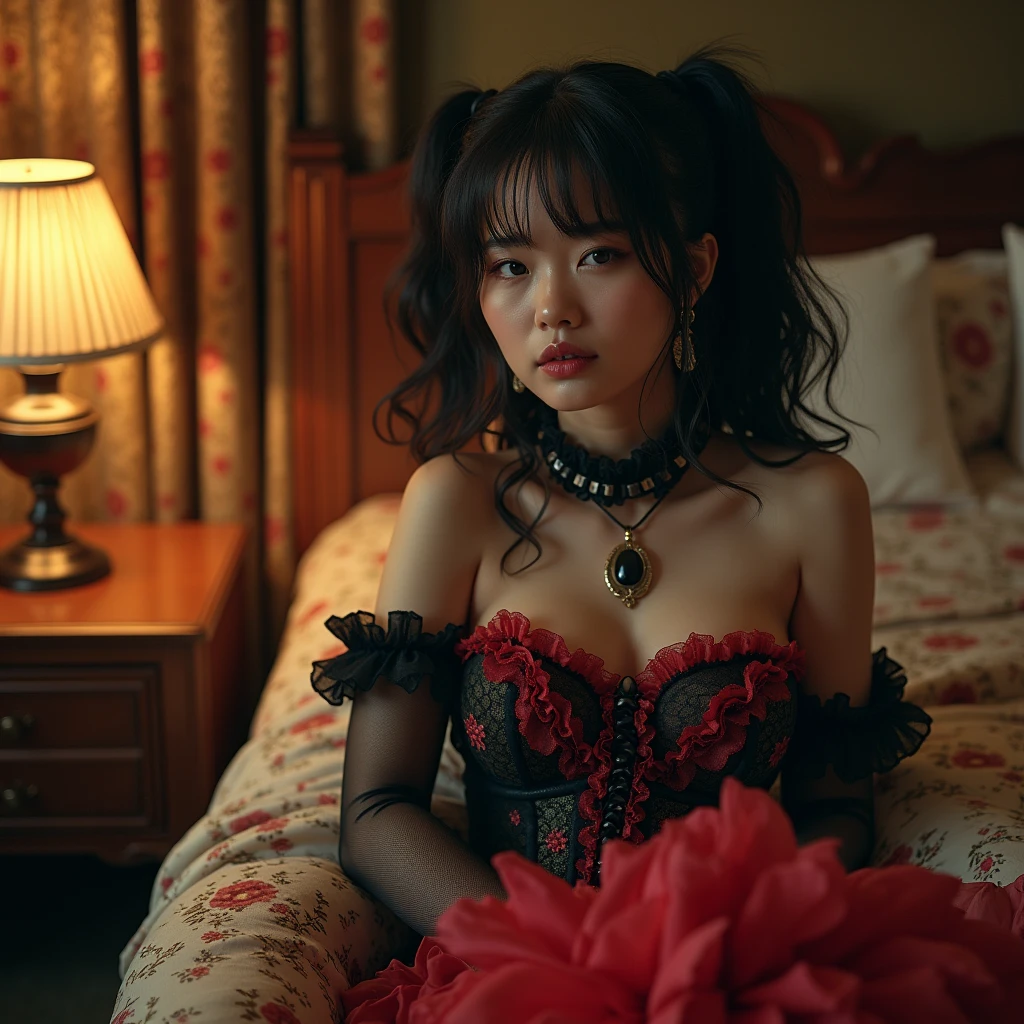 (Front Focus), (In the Dark: 1.6), Surrealist Female Portraits by David Hockney and Alphonse Mucha, Fantasy Art, Photo Realism, Dynamic Lighting, ArtStation, Poster, Volumetric Lighting, Very Detailed Faces, 4 K, Award-Winning 1girl, In the Dark, Deep Shadow, Low Key, Cowboy Shot, (Official Uniform: 1.4), short Hair, Gray Hair, Sexy, Cute, 36B Breasts, Long Legs, Red gorgeous, flowers, atmosphere, traditional Malays clothing, kurung