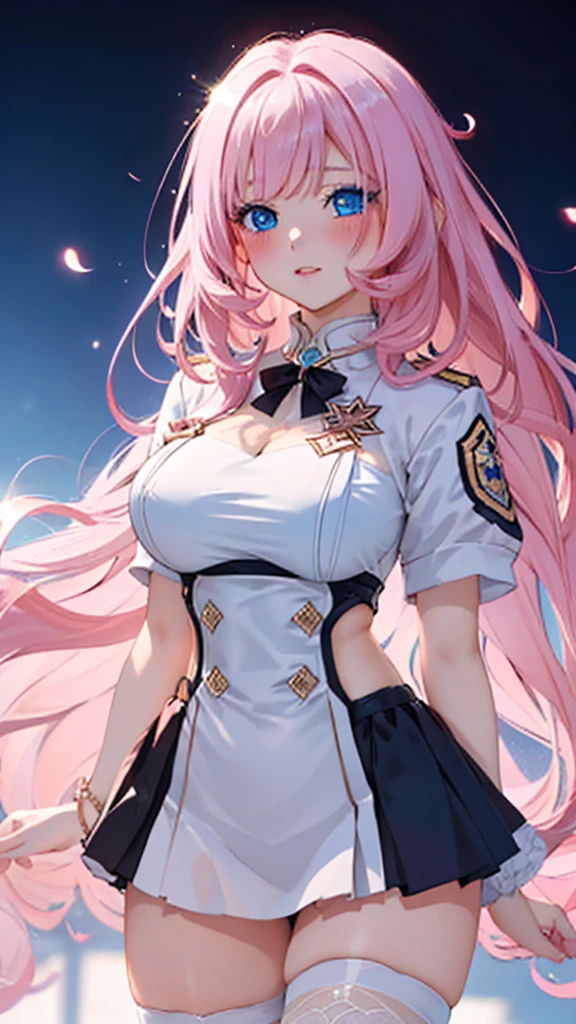 Masterpiece, ultra-high definition, ultra-high quality, 8K quality, beautiful CG artwork, a woman, a goddess-like divine posture, slim and perfect body line, soft atmosphere, transparent skin, pink hair, (((Shining blue eyes, shining on eyes))), flowing hair aesthetic appearance, white and juicy skin, oversized breasts, JK uniform, perspective part 1. Silhouette effect is doubled, delicate transparent blue pattern on the uniform, details are intricate and exquisite, background is a bit blurred, attractive and seductive legs temptation, blush, upper body