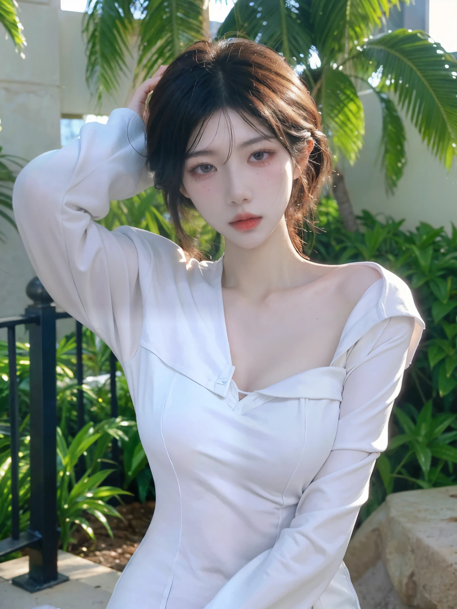 high quality，2k，Beautiful woman，Snow-white and translucent skin，Cold and ruthless expression，Have a perfect body：1.4，Layered Hairstyle，Prominent cleavage，（（Bodysuit：1.5）），whole body，Highly detailed face and skin texture，Eyelid Crease，Skin Whitening，Long white hair