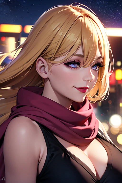 One person, Ahoge, bangs, Blonde, Throw kiss, blue eyes, blue scarf, brown scarf, Cleavage, Mouth closed, eyelash, face, Floating Hair, Hair between the eyes, heart, lips, lipstick, Long Hair, View your viewers, compensate, night null, nose, Close one eye, orange scarf, pink lips, pink scarf, Portraiture, Purple eyes, Realistic, red lips, red scarf, scarf, sign, 笑face, alone, null間, spoken heart, star (null), starry null, Upper Body, watermark, Yang Xiao Long, yellow scarf