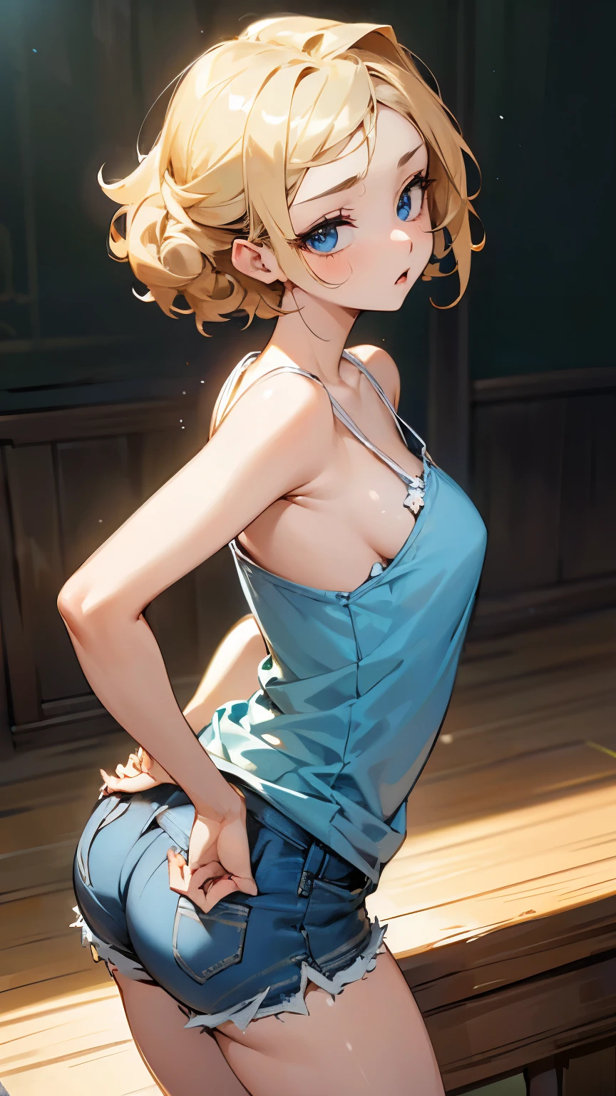 (((Turning around))), buttocks, half-naked shorts, short curly blonde hair, droopy eyes, blue eyes, no makeup, detailed face, singing expression, fitted blue camisole, beautiful half-Asian woman, leaning forward