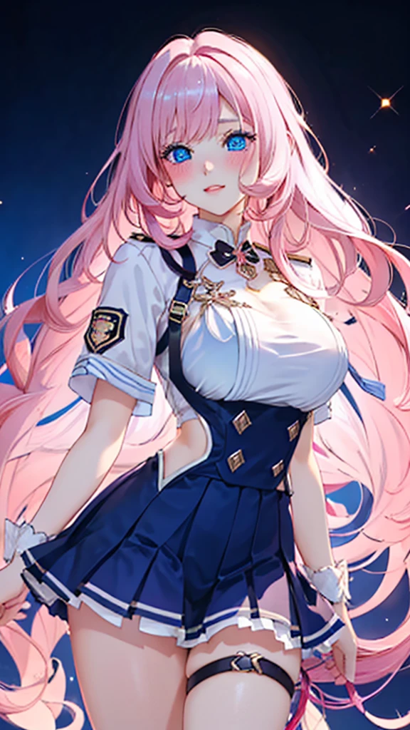 Masterpiece, ultra-high definition, ultra-high quality, 8K quality, beautiful CG artwork, a woman, a goddess-like divine posture, slim and perfect body line, soft atmosphere, transparent skin, pink hair, (((Shining blue eyes, shining on eyes))), flowing hair aesthetic appearance, white and juicy skin, oversized breasts, JK uniform, perspective part 1. Silhouette effect is doubled, delicate transparent blue pattern on the uniform, details are intricate and exquisite, background is a bit blurred, attractive and seductive legs temptation, blush, upper body