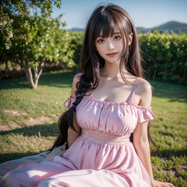 laughing out loud,1 female, 2,(Yellow bow spaghetti strap dress),Outside the castle,light brown hair, blunt bangs, hair behind ears, Shoulder length hair, long hair, Braided hair repair,long body shape, 超face slimming型, face slimming, delicate lips, beautiful eyes, Thin blush, Eyes are light brown,Check it out here, (actual:1.3), One person's perspective, 8k, Super detailed, high quality, best quality, High resolution,knee shot,My breasts look big in my clothes,The skirt is very fluffy