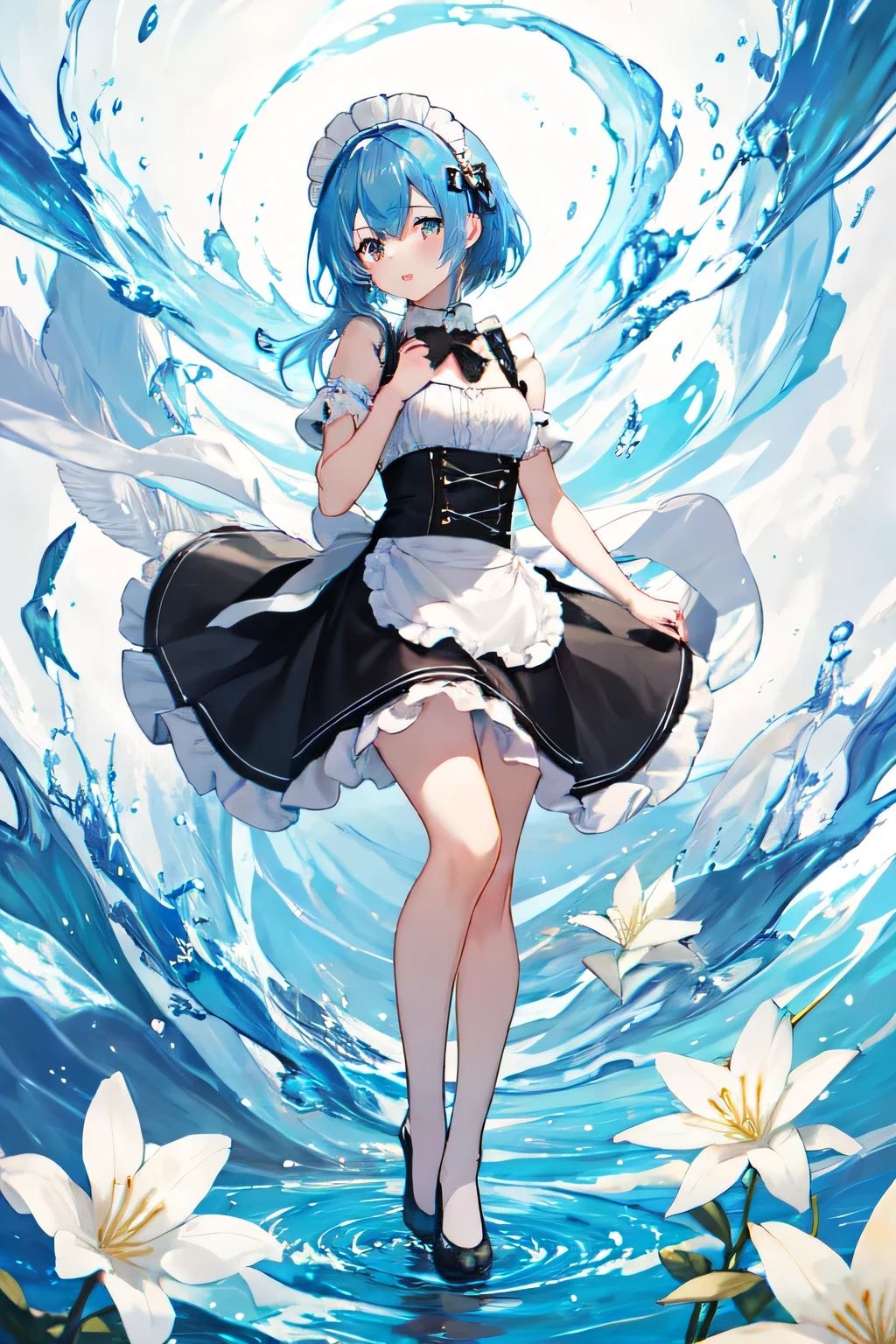 What a great idea!,whole body,Show your feet too,Floating pose,disaster々Shii,Vampire atmosphere、Condescending expression、Hands on the chest,One girl,alone,赤Farbeの瞳,[Blue Hair,Aqua Hair,Hair between the eyes,Side Lock,bangs,short hair,short hair with long locks, maid headdress,Hair accessories,White flower,Hair accessories,bow tie,Black Ribbon,White shirt,Ruffled shirt,button,maid,White apron,Center frill,Sleeveless,[Bare shoulders,Juliet&#39;s Sleeve,I rolled up my sleeves.,Puffy sleeves,Black sleeves,Black Skirt,Black corset,Underbust,背景は赤Farbe、(Front view:1.5),, Great Shii visuals, High definition,masterpiece,Highest quality,, 1,young woman,Beauty指,Beauty長い脚,Beauty体,Beauty鼻,Beautyキャラクターデザイン], Perfect Eyes, perfect face,Expressive eyes, Official Art,Very detailed CG Unity 8k wallpaper, Perfect lighting,Farbeful, bright_front_face_Lighting,Glowing Skin, (masterpiece:1.0),(Highest_quality:1.0), 超High resolution,4K,Very detailed, photograph, 8k, High resolution, High resolution, absurdes:1.2, Kodak portra 400, Film Grain, Blurred Background, bokeh:1.2, Lens Flare, (Vibrant_Farbe:1.2), (Beauty_face:1.5),(narrow_Waist), ,Browsing Caution,