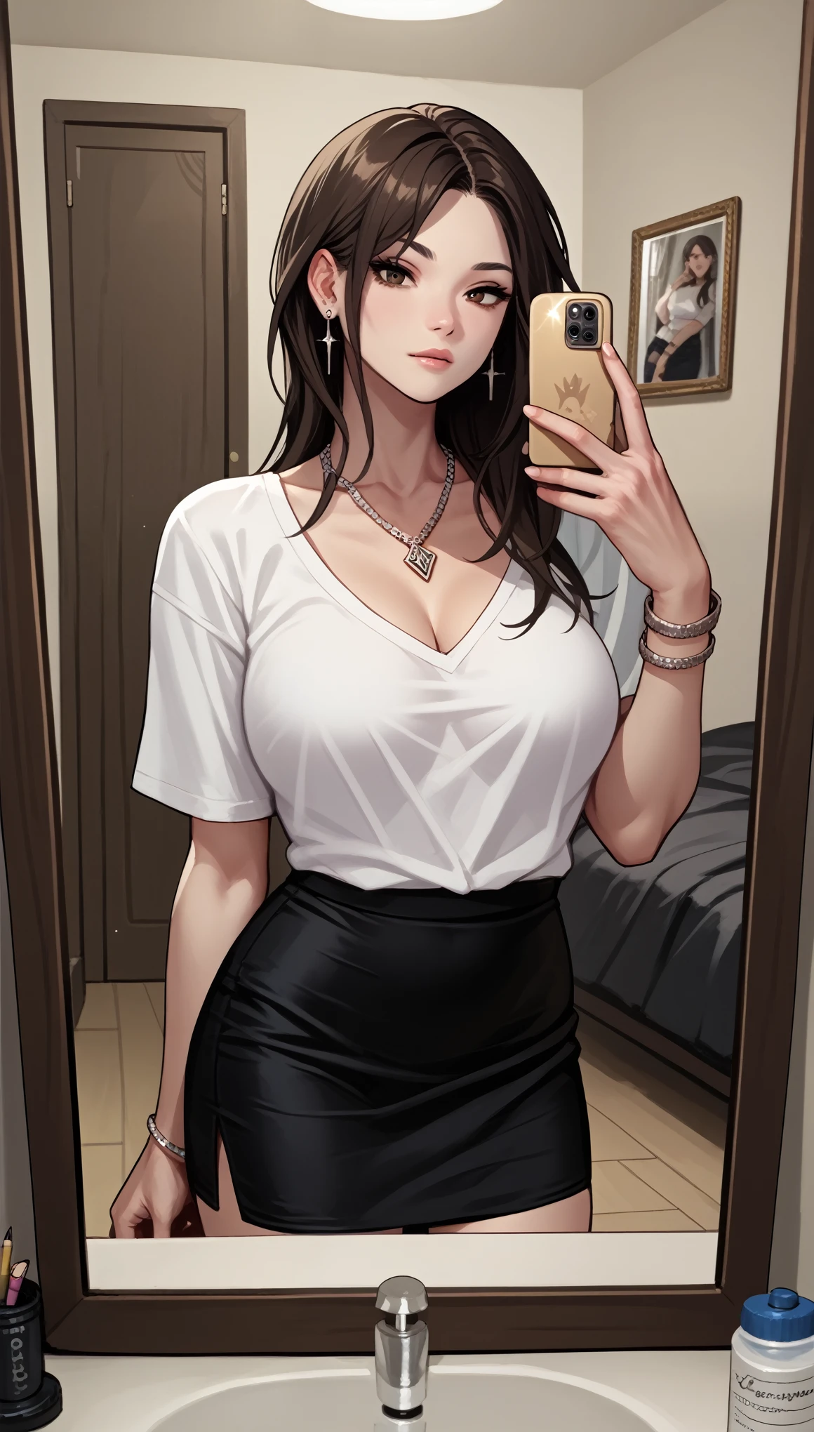 (zPDXL2), (PonyXLV6_Scores), source_anime, Expressiveh, 

(masterpiece, best quality, highres, raw photo), 1 girl, dark brown blowout, large breasts, white shirt, pencil skirt, earrings, necklace, bracelet, selfie, looking at mirror, room,