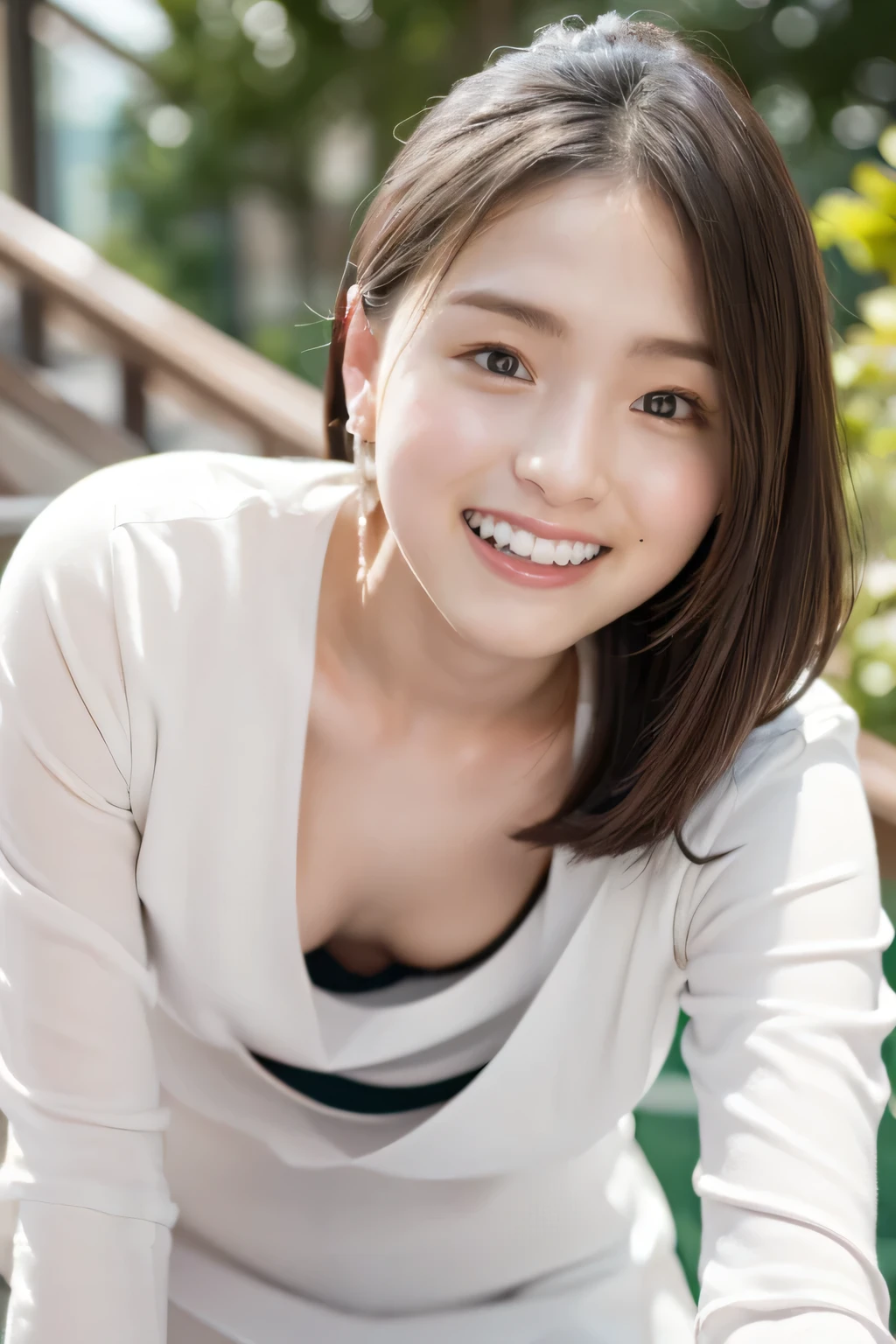 ((Highest quality, 8k, masterpiece :1.3)), Sharp focus :1.2, Beautiful mature woman, 24-years-old, ((Loose fitting T-shirt)), Underwear exposure, ((Leaning forward)), (Small breasts), (smile:1.15), Highly detailed face and skin texture, Detailed eyes, Outdoor