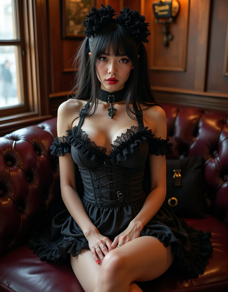 Baroque, gothic lolita, cute, 1girl, solo, full body, black sofa, black dress, absurdres, white lace, highres, ultra detailed, highest detailed, red lips