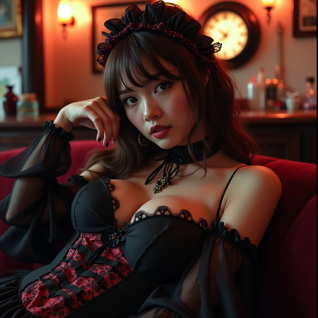 1 female,((( Disheveled Hair,1.5)))Very sexy、Sex Appeal、(((Bewitching and beautiful 1.5))) (Ultra Realistic, High resolution), (Highly detailed eyes, Highly detailed hair, Highly detailed face, Highly detailed plump lips), (off shoulder with open chest), chest, Upper Body, Looking for a Smile, (Highest quality:1.4), RAW Photos, (Realistic, photo-Realistic:1.37), Professional photography, Cinematic Light, (Beautiful Face: 1.2),(((Red lace dress 1.5)))、(((See-through 1.5)))、chest元がはだけている、High Leg、Mid shot photo 1.4、(((小さいchest1.5)))、(Slender Body Type 1.2)、Bedroom、、Mid-shot photo、Kneeling、Sit on the sofa、(((Ennui expression 1.5)))、