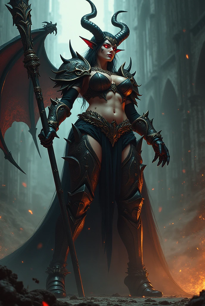 Movie CG, female devil，disheed hair，Shogun，Peerless beauty，teens girl，(Lord of Hell)，Demon queen，Pitch-black wings，Fallen angels，Tattooed with，the scars，Blood-red heavy armor，blood splattere, (paleskin), blood spatter, horns on head,succubi, Cruel laughter，(Burning red eyes), glowing Grimmore closes, summoning circle, Rusty chains, The illuminated temple of Satan, Lens flare, Axis,   intricately details, Highly detailed, voluminetric lighting, 4K rendering, stockphoto, Ultra photo realsisim, Lifelike texture, Dramatic lighting, illusory engine