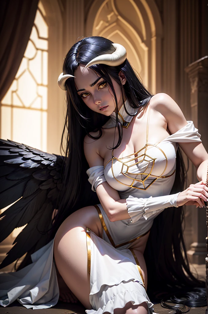 (high quality, Master Lobra, perfect body, manlos perfect, great illumination, 4K quality, high resolution) Albedo, overlord – Albedo, the character of "overlord", is in a challenging and attractive pose. Despite being injured, Her gaze is enigmatic and seductive, showing their confidence even in this vulnerable situation. Her dress, although damaged, falls suggestively on his figure, revealing more of her pale skin than usual. Her demonic horns and white hair contrast with her skin and dress., adding a touch of mystery.

The knight in black armor protecting her is still in a defensive position., with his shield raised to protect Albedo. However, His gaze is also mixed with surprise and admiration at Albedo&#39;s bold attitude..

Lighting in the image can highlight the details of the scene, like the shine in Albedo&#39;s eyes and the reflections on her skin. Although the situation is dangerous, la imagen transmite un sentido de valentía y sensualidad en the character of Albedo.

