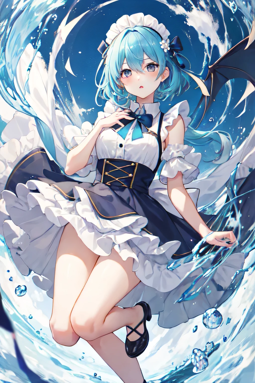 What a great idea!,whole body,Show your feet too,Floating pose,disaster々Shii,Vampire atmosphere、Condescending expression、Hands on the chest,One girl,alone,赤Farbeの瞳,[Blue Hair,Aqua Hair,Hair between the eyes,Side Lock,bangs,short hair,short hair with long locks, maid headdress,Hair accessories,White flower,Hair accessories,bow tie,Black Ribbon,White shirt,Ruffled shirt,button,maid,White apron,Center frill,Sleeveless,[Bare shoulders,Juliet&#39;s Sleeve,I rolled up my sleeves.,Puffy sleeves,Black sleeves,Black Skirt,Black corset,Underbust,背景は赤Farbe、(Front view:1.5),, Great Shii visuals, High definition,masterpiece,Highest quality,, 1,young woman,Beauty指,Beauty長い脚,Beauty体,Beauty鼻,Beautyキャラクターデザイン], Perfect Eyes, perfect face,Expressive eyes, Official Art,Very detailed CG Unity 8k wallpaper, Perfect lighting,Farbeful, bright_front_face_Lighting,Glowing Skin, (masterpiece:1.0),(Highest_quality:1.0), 超High resolution,4K,Very detailed, photograph, 8k, High resolution, High resolution, absurdes:1.2, Kodak portra 400, Film Grain, Blurred Background, bokeh:1.2, Lens Flare, (Vibrant_Farbe:1.2), (Beauty_face:1.5),(narrow_Waist), ,Browsing Caution,