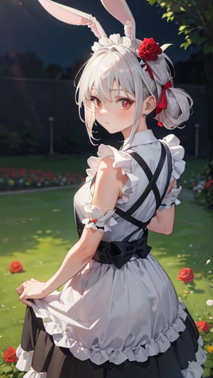 (Gray Hair), Big Hair, Side Ponytail, ((Bunny ears)), maid headdress, (((masterpiece))), ((Textured skin)), (((Attention to detail))), High resolution, cute, cute, maid, Apron dress, ((Rose Garden)), [From behind