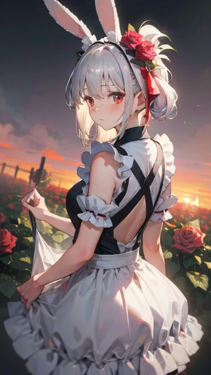 (Gray Hair), Big Hair, Side Ponytail, ((Bunny ears)), maid headdress, (((masterpiece))), ((Textured skin)), (((Attention to detail))), High resolution, cute, cute, maid, Apron dress, ((Rose Garden)), [From behind