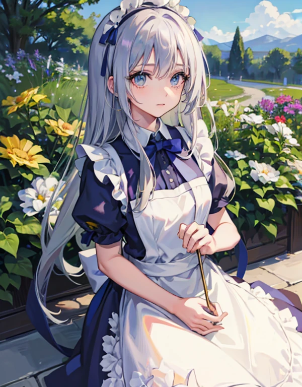 masterpiece, garden, blue sky, Grey Hair, Long Hair, Long eyelashes, Green Eyes, Ribbon in hair, Gentle expression, Floral decoration, Bang bang bang bang, Data Fashion,Blue maid outfit