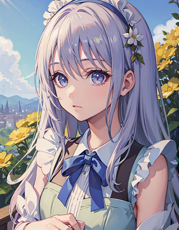 masterpiece, garden, blue sky, Grey Hair, Long Hair, Long eyelashes, Green Eyes, Ribbon in hair, Gentle expression, Floral decoration, Bang bang bang bang, Data Fashion,Blue maid outfit